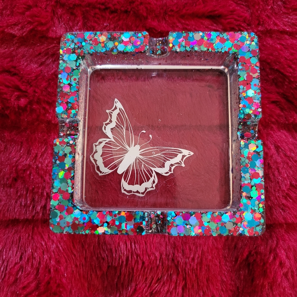 Handcrafted Jewelry Dish Ashtray Soapdish Resin Art Butterfly Glitter